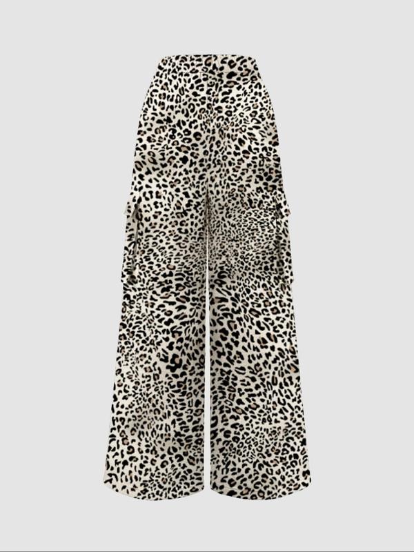 Women's Leopard Print Pocket Wide Leg Pants, Casual Comfy Trousers for Daily Wear, Comfortable Ladies Bottoms for All Seasons, Womenswear