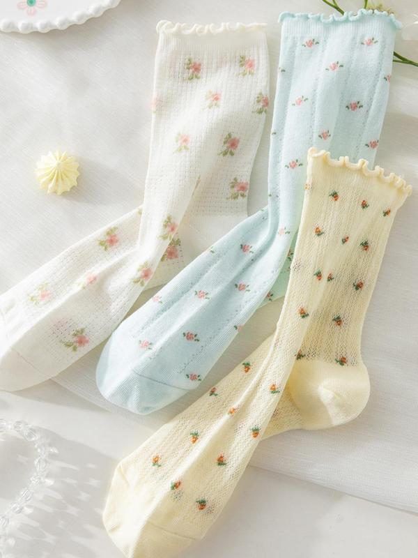 Women's Ditsy Floral Print Lettuce Trim Crew Socks, Chic Casual Comfy Breathable Socks for Daily Wear, Ladies Socks for All Seasons