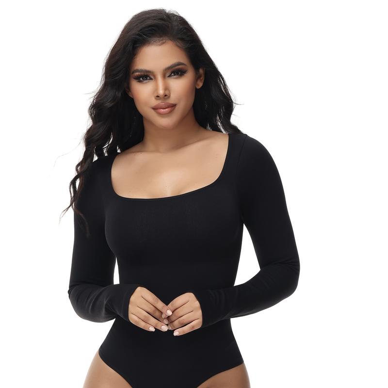 Sooslick Square Neck Long Sleeve Bodysuit Seamless 360° Waist Control Thong Bodysuit Tops skims shape wear Womenswear Underwear Lady Comfort Basic Longsleeves Minimalist