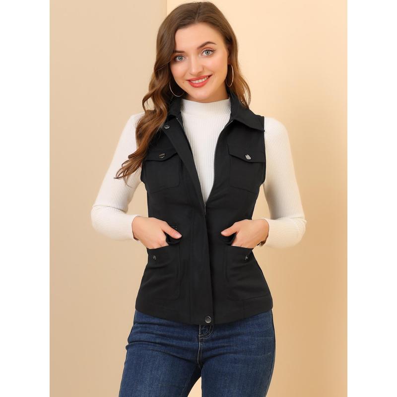 Allegra K Zip Up Jacket with Pockets Sleeveless Cargo Utility Vest Black