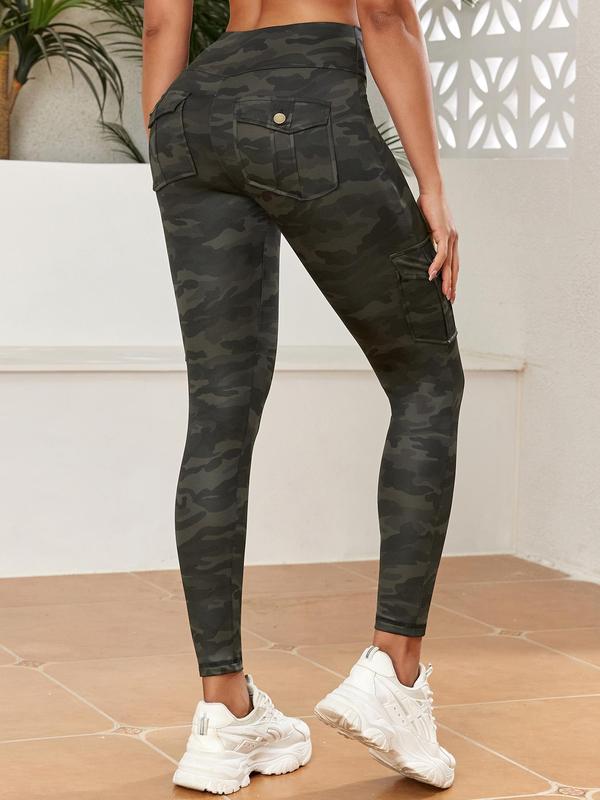 Women's Camo Print Flap Pocket Leggings, Comfort Women Clothing, Casual High Waist Skinny Pants, Leggings for Women, Ladies Bottoms for All Seasons