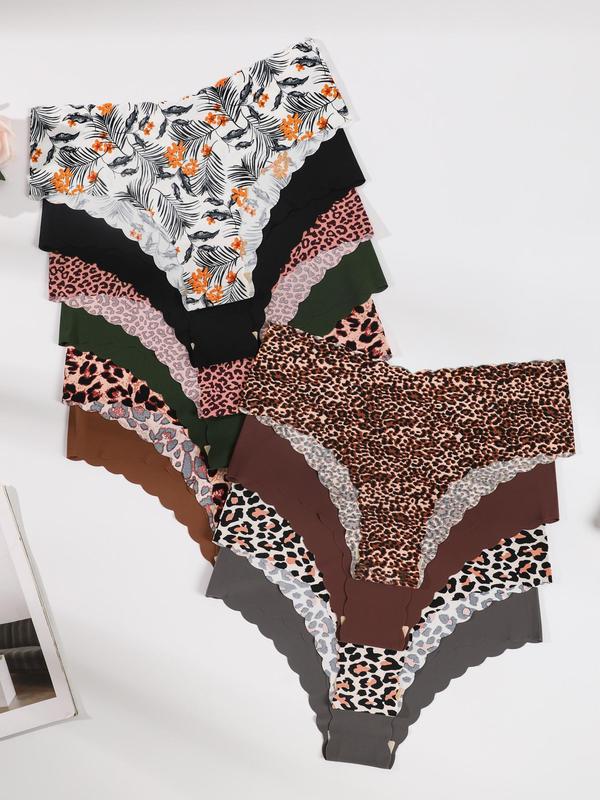 Women's Leopard Print Panty, Soft Comfy Breathable Scallop Seamless Knicker for Daily Wear, Underwear for All Seasons