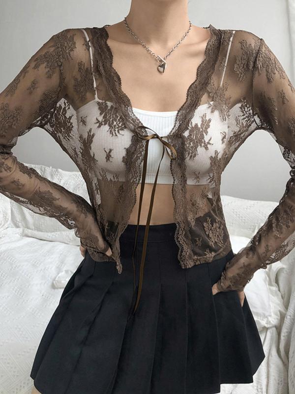 Women's Floral Print See Through Lace Top, Y2K Clothes, Elegant Scallop Trim Tie Front Open Front Top For Summer, Fashion Casual Women's Clothes For Daily Wear