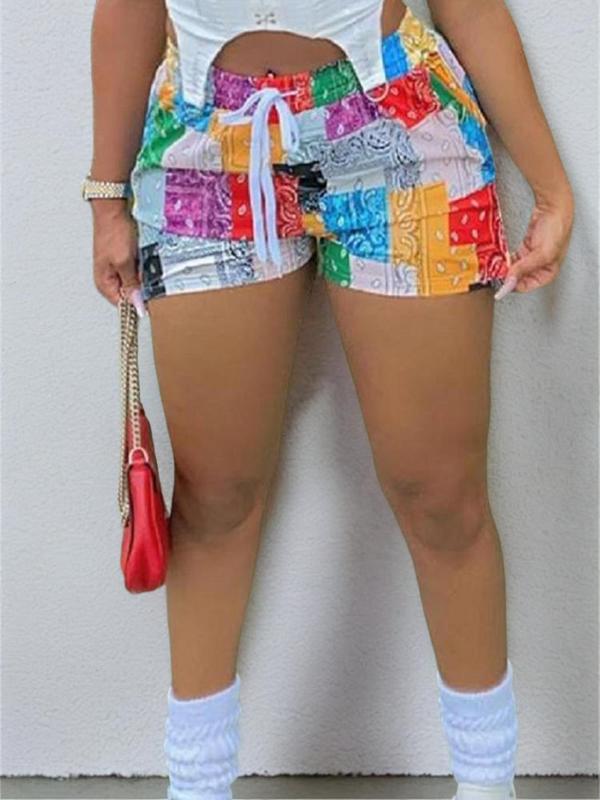 Women's Colorblock Patchwork Drawstring Waist Shorts, Lady Casual Comfort Elastic Waist Beach Shorts For Summer, Summer Outfits, Women's Bottoms For Vacation Holiday