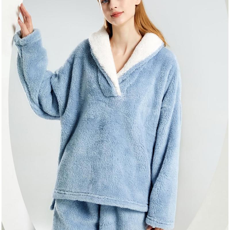 UANEO Womens Winter Fluffy Pajamas Set Warm Fleece Pants Pullover Plush Sleepwear