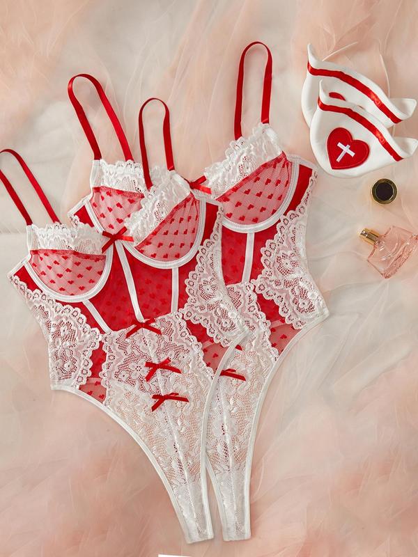 Women's Heart Pattern Lace Teddy Bodysuit & Hat Two-piece Set, Sexy Adjustable Strap Sheer Lingerie & Hat Set, Women's Lingerie & Underwear for All Seasons