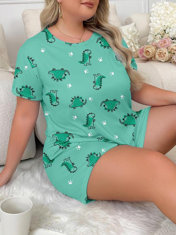 Plus Size All Over Dinosaur Print Pyjama Set, Casual Soft  Short Sleeve T-shirt & Elastic Waist Shorts Loungewear Set, Women's Sleepwear for Summer