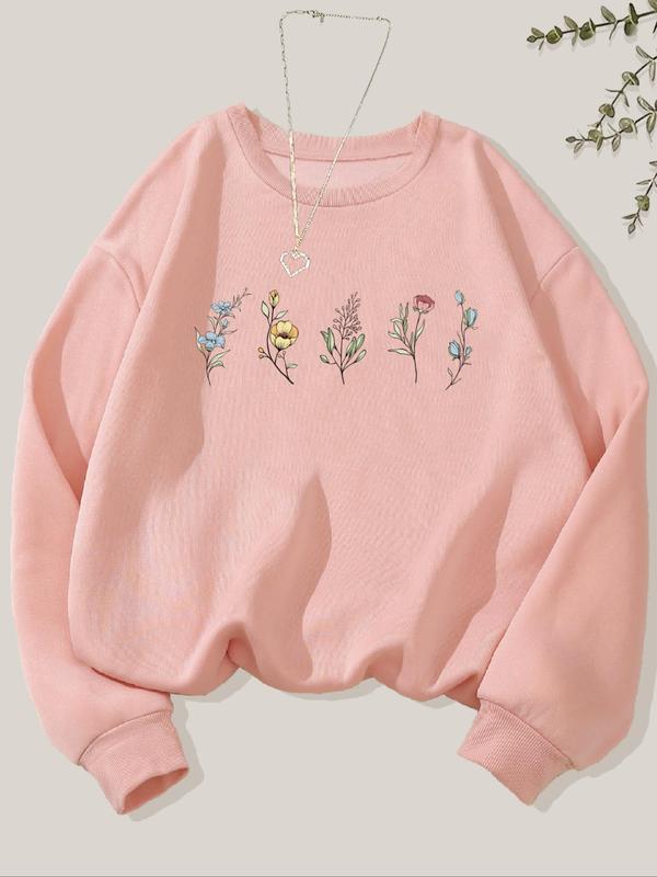 Women's Floral Embroidery Crew Neck Sweatshirt, Casual Long Sleeve Pullover for Fall & Winter, Women's Clothes for Daily Wear