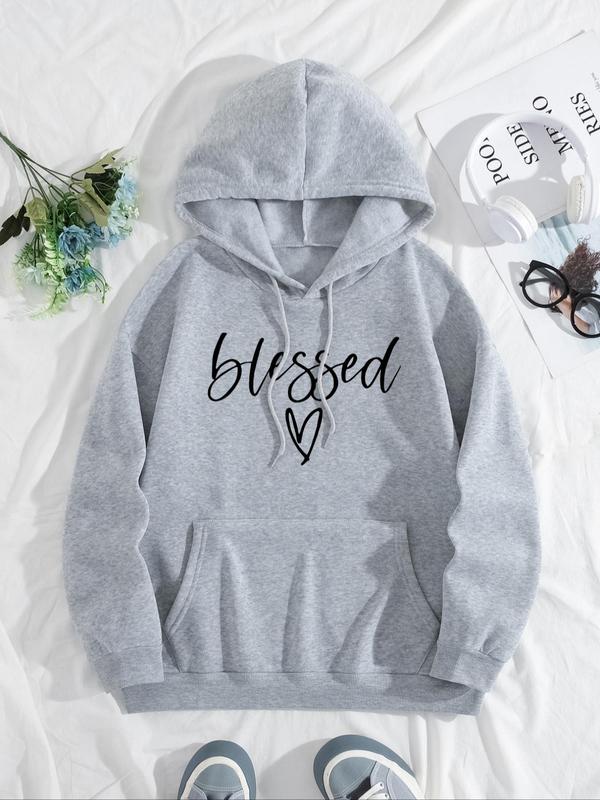 Women's Letter & Heart Print Drawstring Pocket Hoodie, Casual Long Sleeve Hooded Sweatshirt for Spring & Fall, Fashion Women's Clothes for Daily Wear