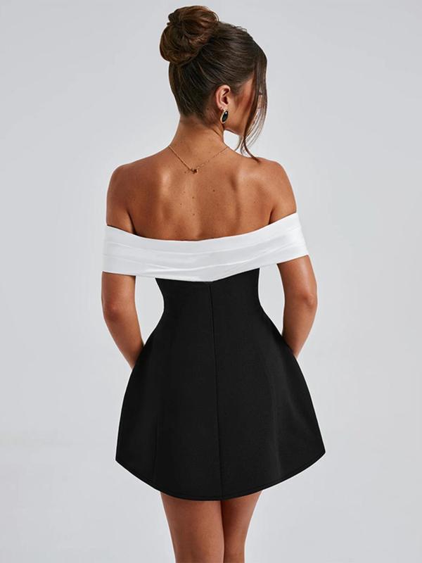 Women's Colorblock Off Shoulder A Line Dress, Elegant Fashion Casual Backless Short Dress for Party Club Dating Wear, Women Dress for Fall & Winter