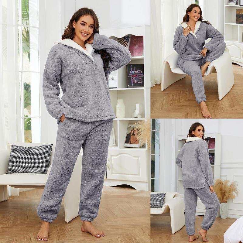 UANEO Womens Winter Fluffy Pajamas Set Warm Fleece Pants Pullover Plush Sleepwear