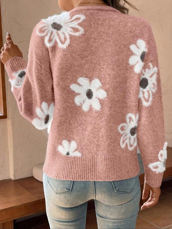 Plus Size Floral Print Button Front Cardigan, Casual Drop Shoulder V Neck Knitwear for Fall & Winter, Cardigans for Women, Women's Plus Clothing for Daily Wear