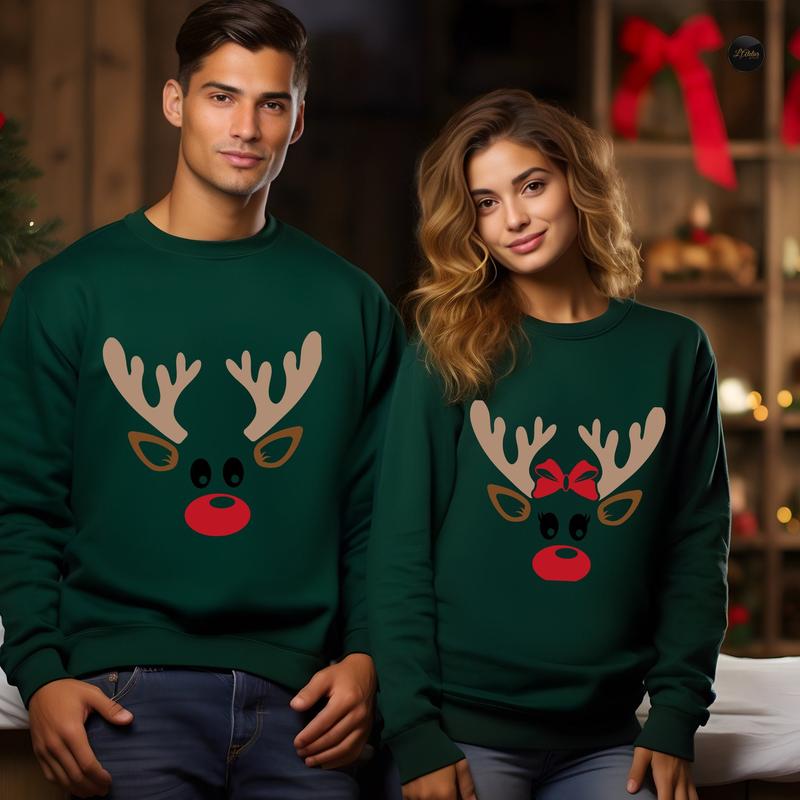 Couple Matching Reindeer Sweatshirts - Cute Christmas Sweaters & Xmas Gifts for Him - Reindeer Couple Gift