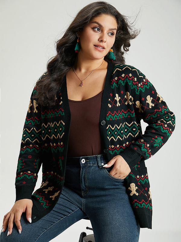 BloomChic Christmas Trees & Gingerbread Man Print Pocket Cardigan