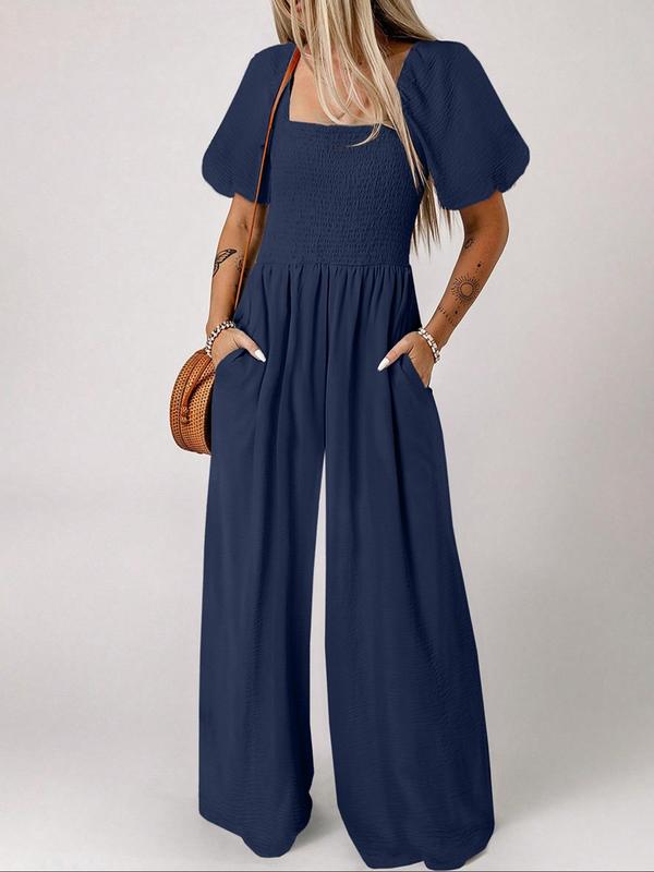 Women's Plain Elegant Shirred Pocket Wide Leg Jumpsuit, Puff Sleeve Square Neck Jumpsuit for Summer, Ladies Clothes for Daily Wear