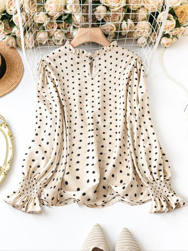  Polka Dot Print Frill Trim Shirred Blouse, Elegant Flounce Sleeve Keyhole Back Top for Fall & Winter, Women's Clothes for Daily Wear