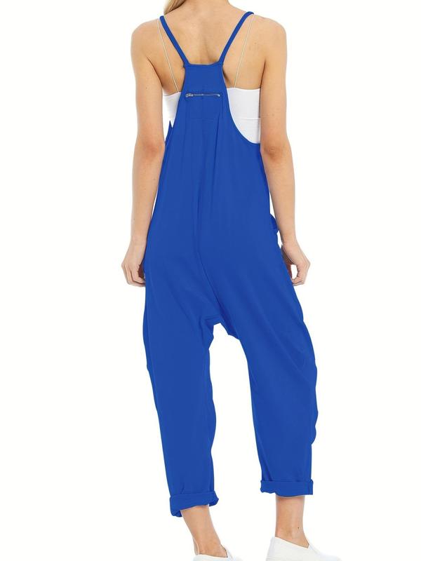 Women's Plain Dual Pocket Zipper Straight Leg Jumpsuit Without Top, Casual Basic Minimalist Comfort Sleeveless Spaghetti Strap Jumpsuit for Summer, Lady Clothes for Daily Wear, Womenswear