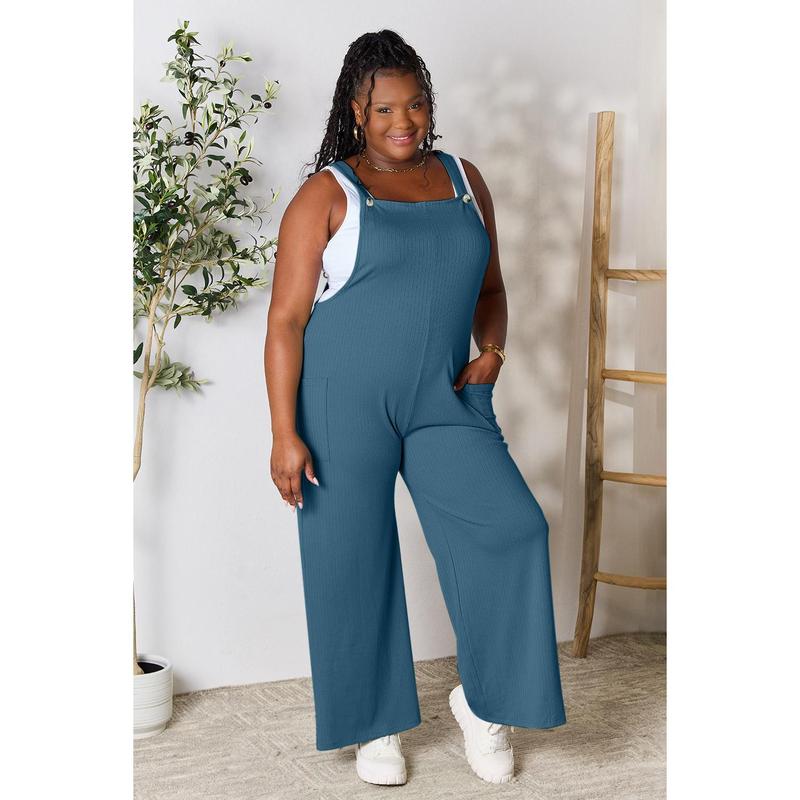 Double Take Full Size Wide Strap Overall with Pockets Basic Spandex