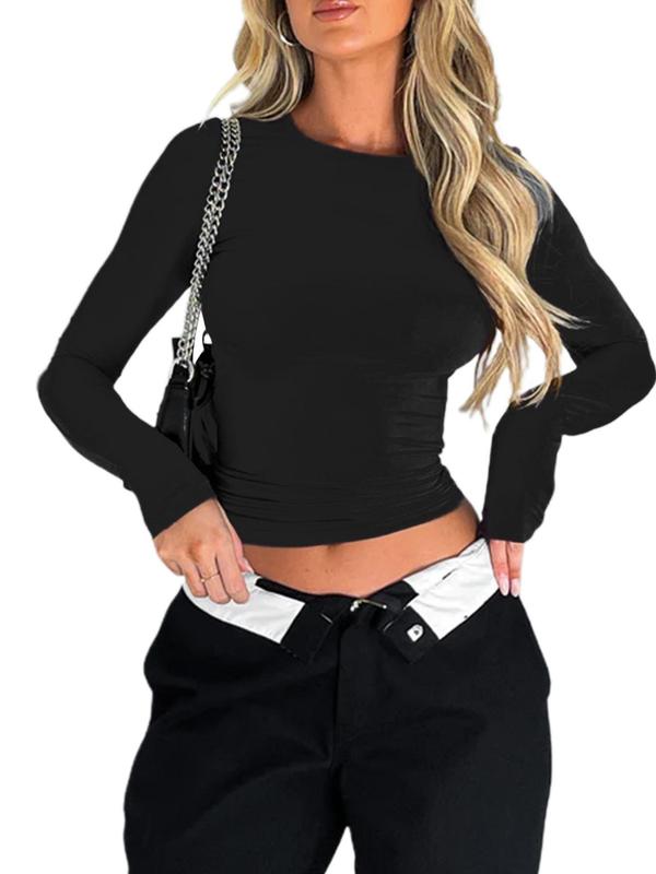 Women's Plain Ruched Round Neck Crop Tee, Casual Long Sleeve Crewneck T-shirt, Y2k Trendy Basic Lady Going Out Streetwear Tops, Latina School Fall Outfit, Womenswear Vintage Clothing