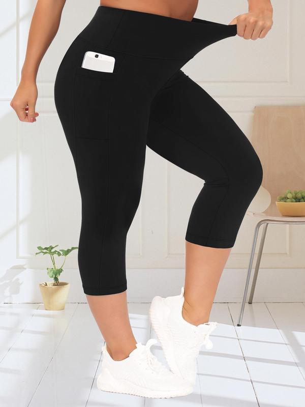  Plain Pocket High Waist Capris Leggings, Casual Comfy Breathable Skinny Capri Pants for Daily Wear, Leggings for Women, Women's Plus Bottoms for Summer