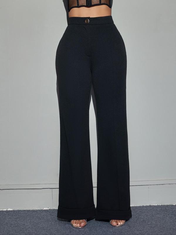 Women's Plain High Waist Flare Leg Pants, Casual Comfy Pocket Trousers for Spring & Fall, Women's Bottoms for Daily Wear