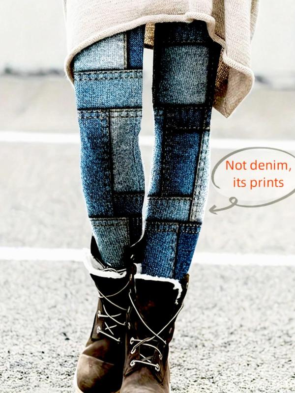  Denim-Effect Print Leggings, Casual Comfy Skinny Pants for Women, Women's Bottoms for Fall & Winter