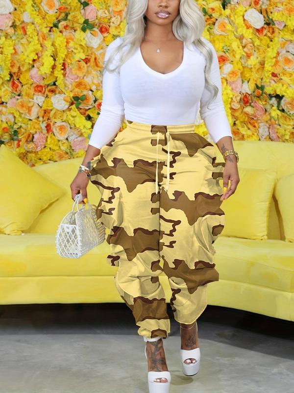 Women's Camo Print Ruffle Trim Drawstring Waist Pants, Fitted Streetwear Clothes, Pants for Women, Summer Outfits, Breathable Comfy High Waist Trousers, Womenswear Clothes