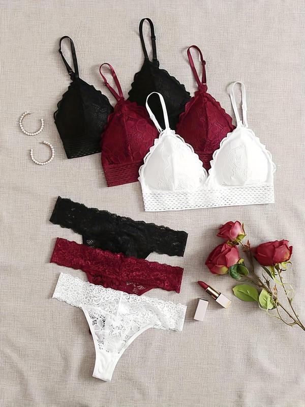 Women's Floral Lace Bra & Thong Underwear Set, Adjustable Strap Cut Out  Bra & Thong, Soft Comfy Breathable Underwear Set for Women