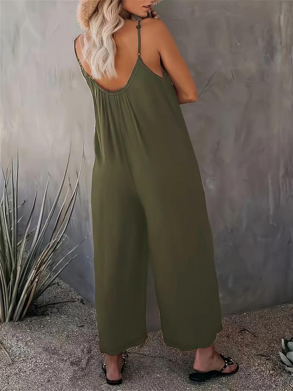 Women's Solid Color Pocket Adjustable Strap Wide Leg Jumpsuit, Casual Sleeveless V Neck Jumpsuit for Summer, Ladies Clothes for Daily Wear