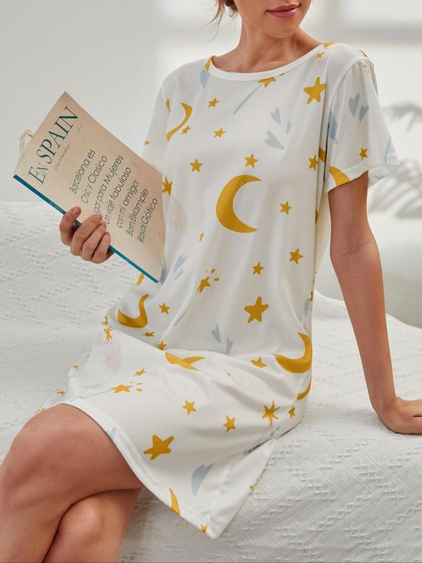 Women's Sheep & Galaxy Print Nightdress, Casual Comfortable Round Neck Short Sleeve Nightgown, Ladies Sleepwear for All Seasons