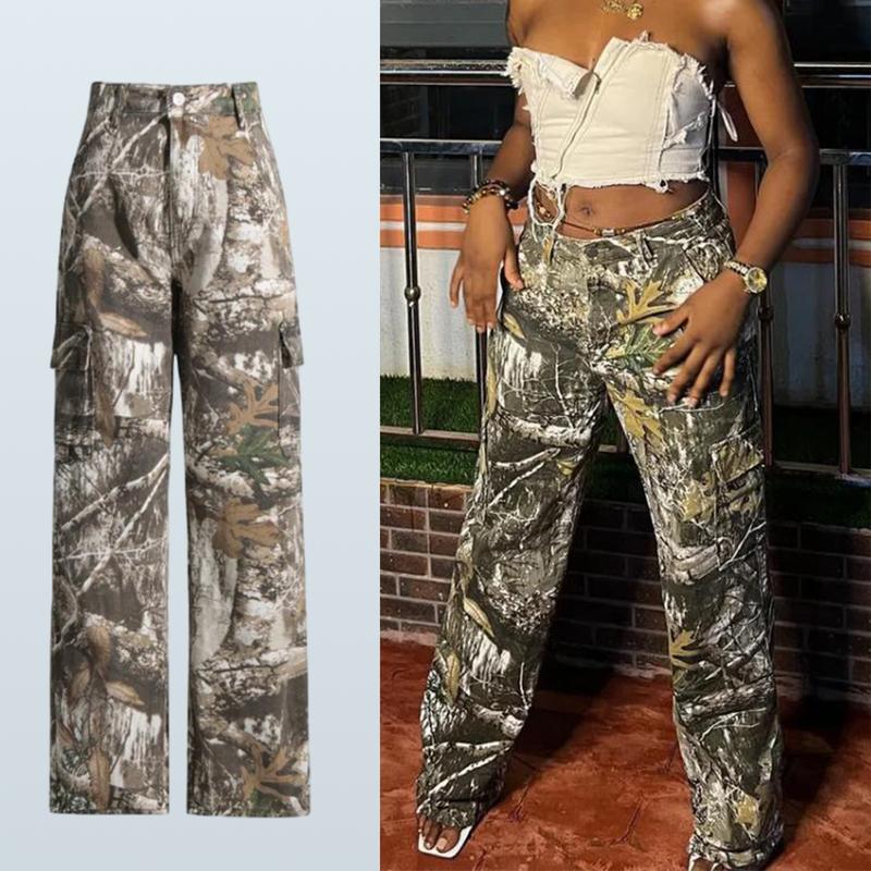 Women's Camouflage Overalls Y2K Camouflage Wide Leg Loose Overalls Jogging Sweatpants with Flap Pockets Camouflage Pants Denim Pants Slim Fit Pockets Jogging Sweatpants