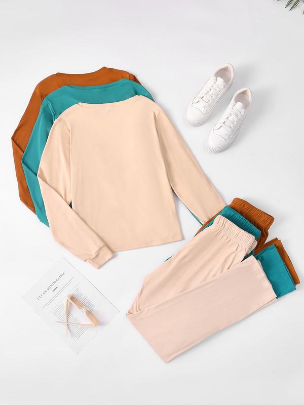 Women's Solid Color Long Sleeve Tee & Drawstring Waist Pants Loungewear Set, Casual Comfy Round Neck Top & Trousers Lounge Set, Ladies Loungewear for Spring & Fall