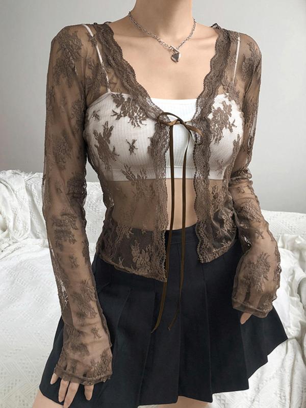 Women's Floral Print See Through Lace Top, Y2K Clothes, Elegant Scallop Trim Tie Front Open Front Top For Summer, Fashion Casual Women's Clothes For Daily Wear