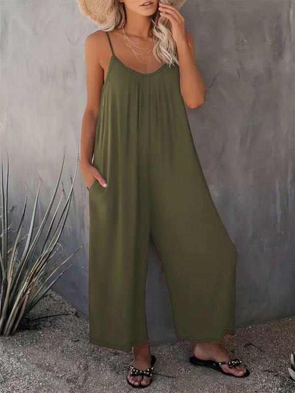 Women's Solid Color Pocket Adjustable Strap Wide Leg Jumpsuit, Casual Sleeveless V Neck Jumpsuit for Summer, Ladies Clothes for Daily Wear