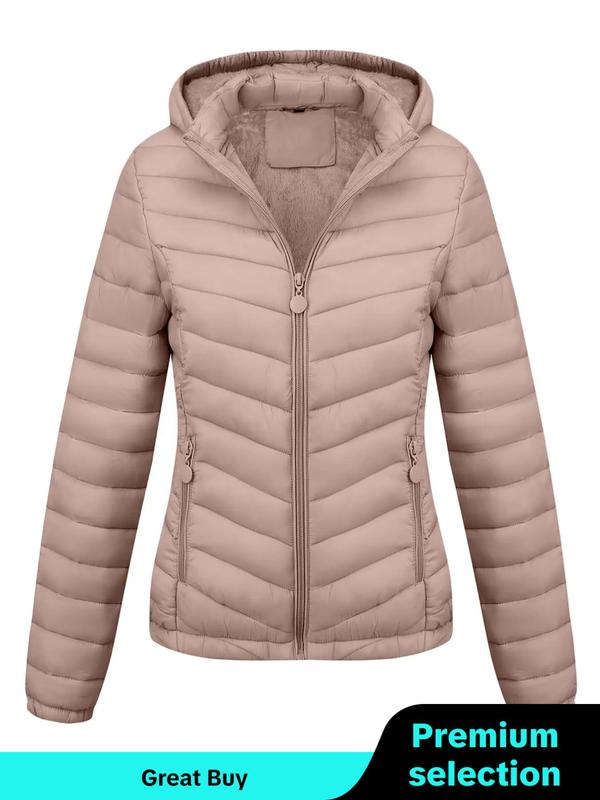 Women's Solid Zip Up Hooded Winter Coat, Casual Jackets, Long Sleeve Thermal Lined Outerwear for Fall & Winter, Women's Clothing for Daily Wear