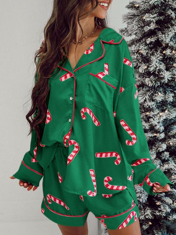 Two-Piece Set Women's All Over Christmas Print Lapel Neck Pajama, Casual Comfy Drop Shoulder Long Sleeve Top & Elastic Waist Pants PJ Set, Ladies Sleepwear for Spring & Fall