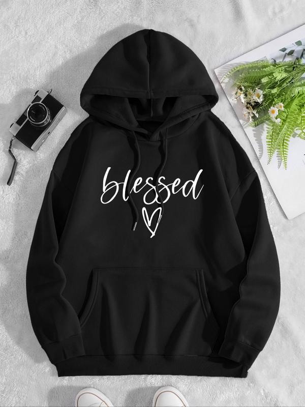 Women's Letter & Heart Print Drawstring Pocket Hoodie, Casual Long Sleeve Hooded Sweatshirt for Spring & Fall, Fashion Women's Clothes for Daily Wear