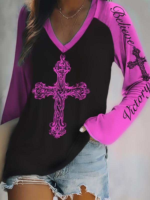  Colorblock & Cross Print Raglan Sleeve Tee, Casual Long Sleeve V Neck T-shirt for Fall & Winter, Women's Clothing for Daily Wear