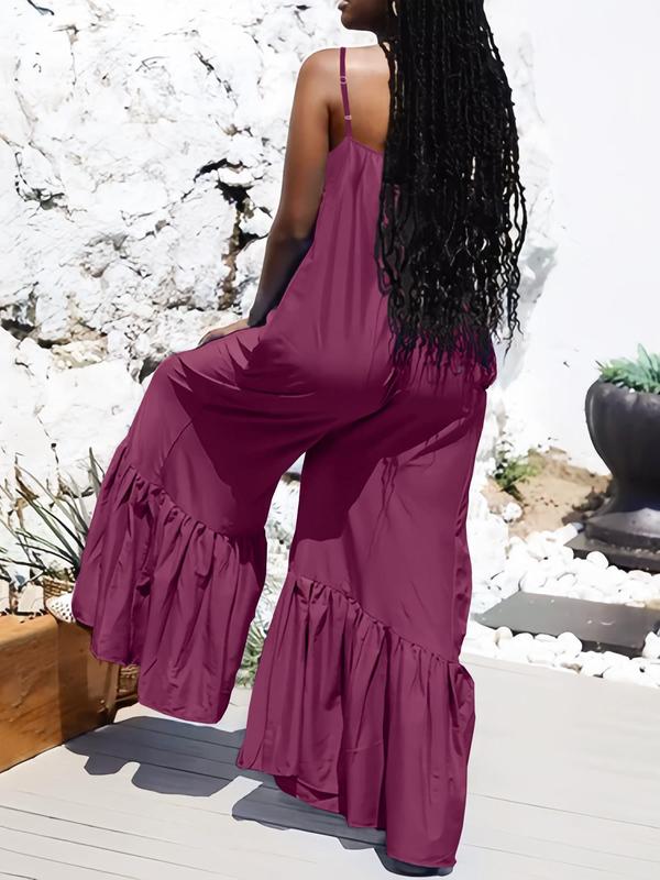 Women's Plain Ruffle Hem Cami Jumpsuit, Casual Adjustable Strap Wide Leg Jumpsuit for Summer, Women's Jumpsuit for Beach Holiday