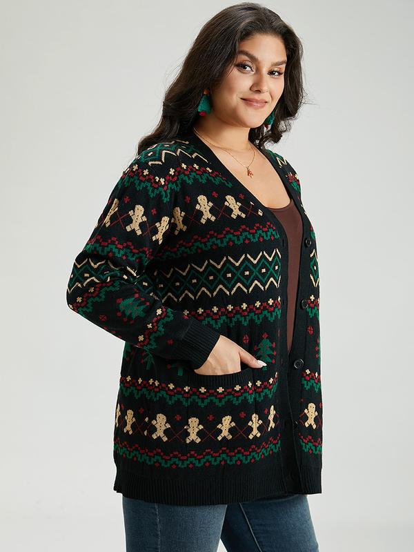 BloomChic Christmas Trees & Gingerbread Man Print Pocket Cardigan