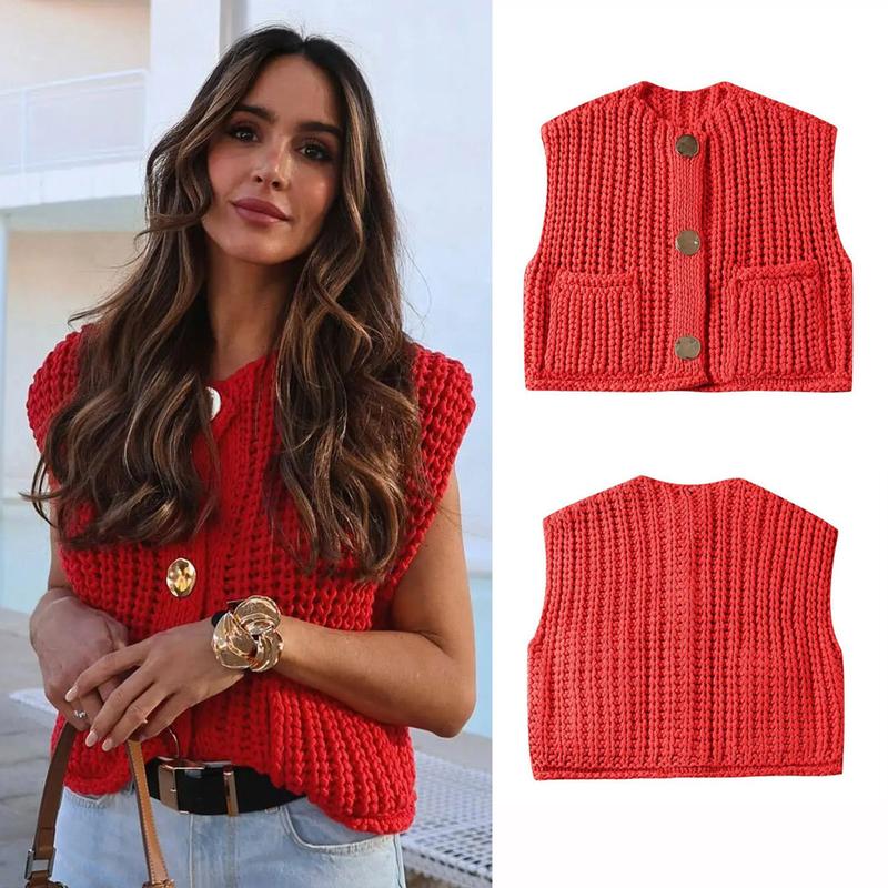 Molitree Womens Casual Chunky Knit Vest Gold Button Down Crop Crochet Sleeveless Sweater Vest Women's PU