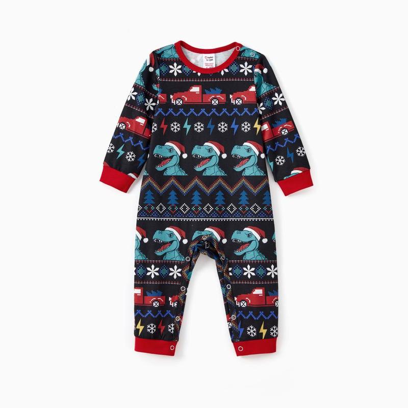 PatPat Christmas Family Matching Allover Dinosaur Pattern Pajama Sets with Pockets and Drawstring ( Flame Resistant )