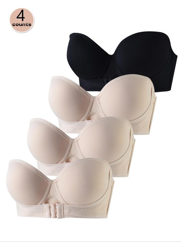 Women's Solid Color Detachable Straps Push Up Bra, Breathable Comfortable Strapless Bra, Women's Lingerie for All Seasons