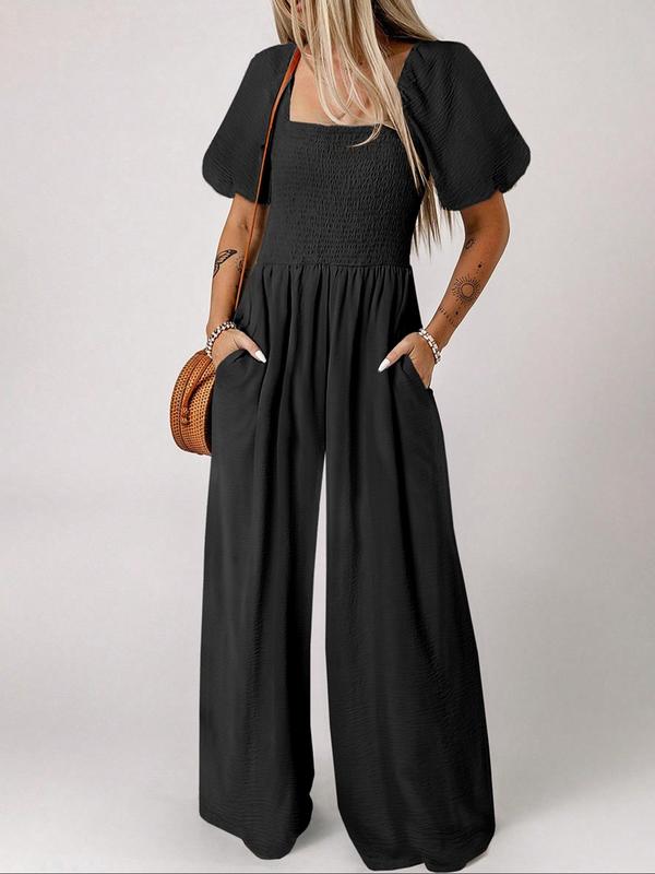 Women's Plain Elegant Shirred Pocket Wide Leg Jumpsuit, Puff Sleeve Square Neck Jumpsuit for Summer, Ladies Clothes for Daily Wear