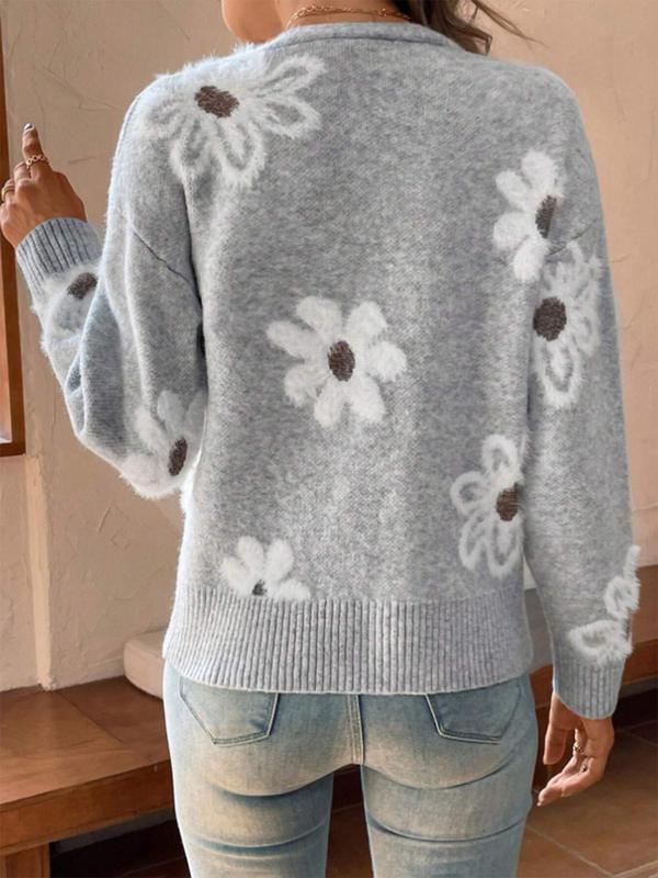 Plus Size Floral Print Button Front Cardigan, Casual Drop Shoulder V Neck Knitwear for Fall & Winter, Cardigans for Women, Women's Plus Clothing for Daily Wear