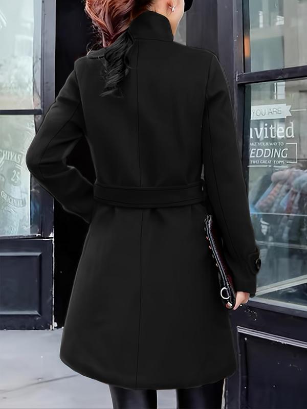 Women's Solid Button Front Belted Woolen Coat, Elegant Long Sleeve Stand Collar Outerwear for Fall & Winter, Women's Clothing for Daily Wear