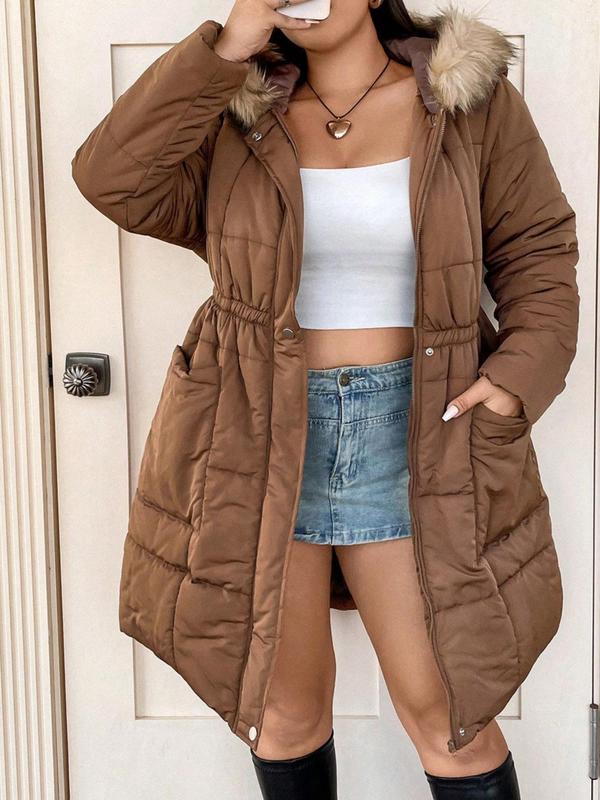  Solid Button Front Pocket Faux Fur Trim Hooded Winter Coat, Casual Long Sleeve Outerwear for Fall & Winter, Gift Set for Women, Coats for Winter Women 2024, Fall Outfits, Fallfreshness, Winter Clothes Women Winter Jacket