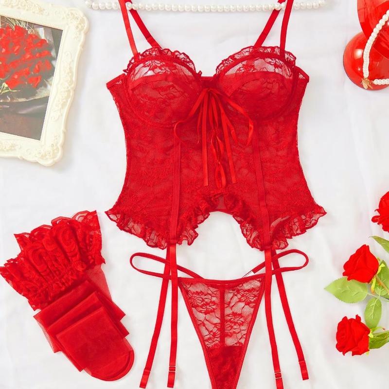 Women's 3pcs Adjustable Strap Backless Lace Lingerie Set, Tie Front Cami Top & Sheer Thong & Ruffle Stockings Set, Lingerie for Women,  Women's Lingerie, Womenswear Comfort Bridal Spaghetti Strap Floral Lace Women's Sexy Women's Silk romantic underwear