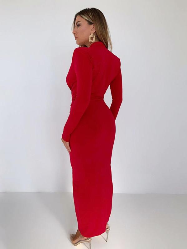 Women's Plain Ruched Wrap Deep V Neck Bodycon Dress, Elegant Long Sleeve Long Dress for Party Holiday Wedding Guest, Women Party Dress, Ladies Spring & Fall Clothes