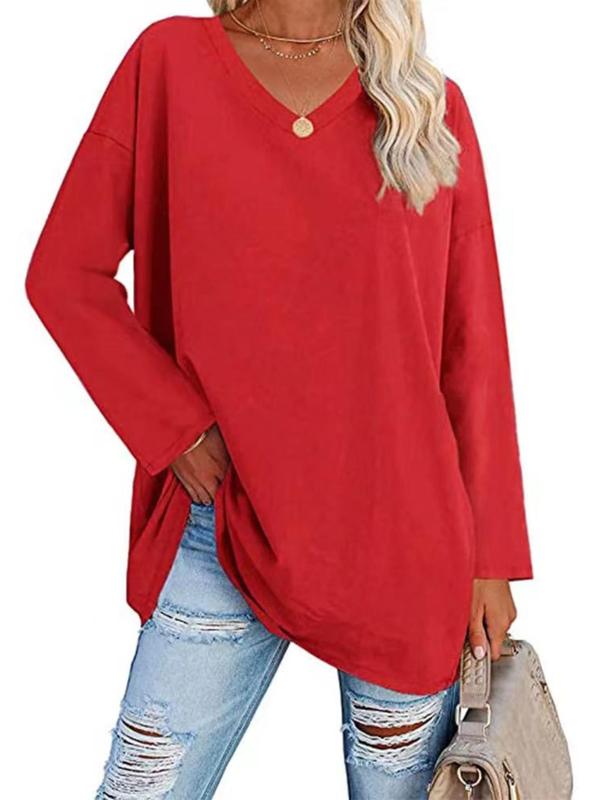 Plus Size Solid Drop Shoulder V Neck Tee, Casual Long Sleeve T Shirts for Women for Daily Wear, Women Plus Clothing for All Seasons, Fall Outfits, Fallfreshness Y2K, Fall clothes 2024